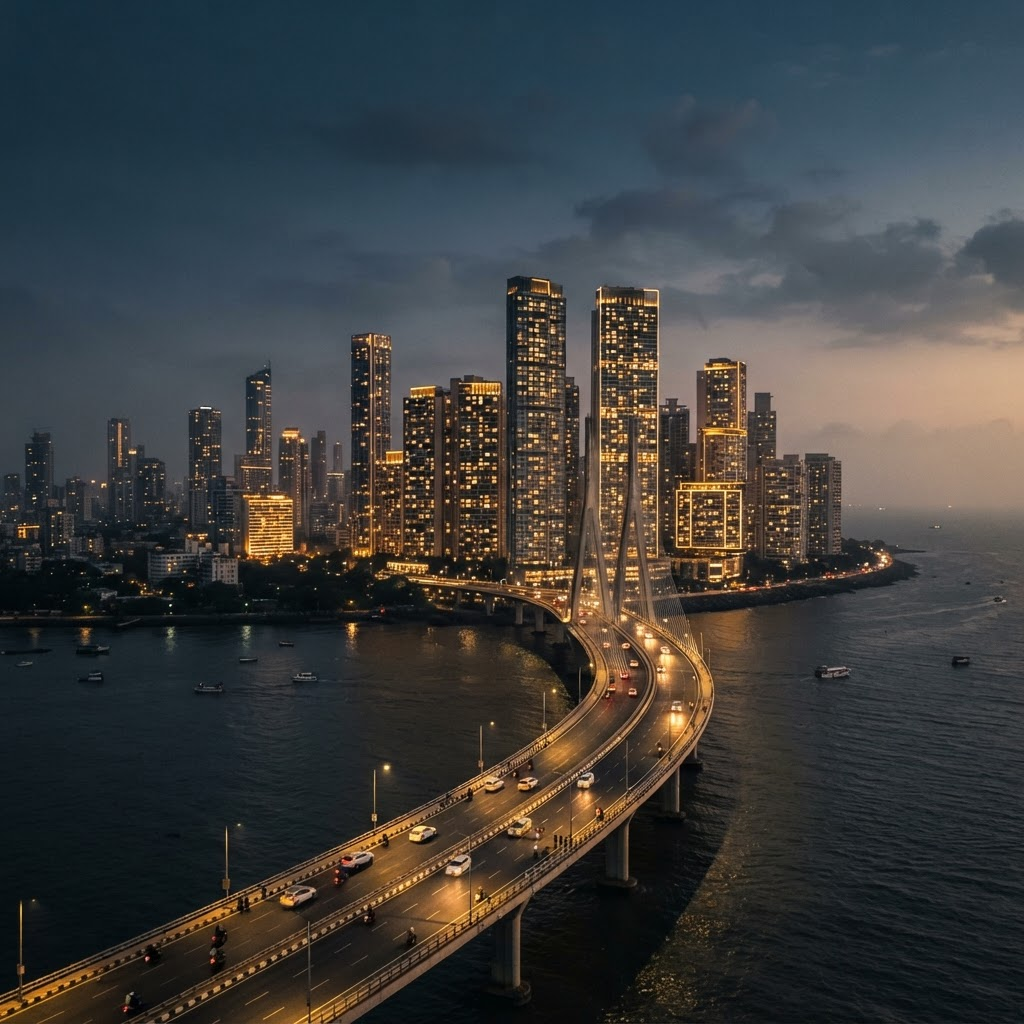 Mumbai skyline at dusk with luxury residential towers