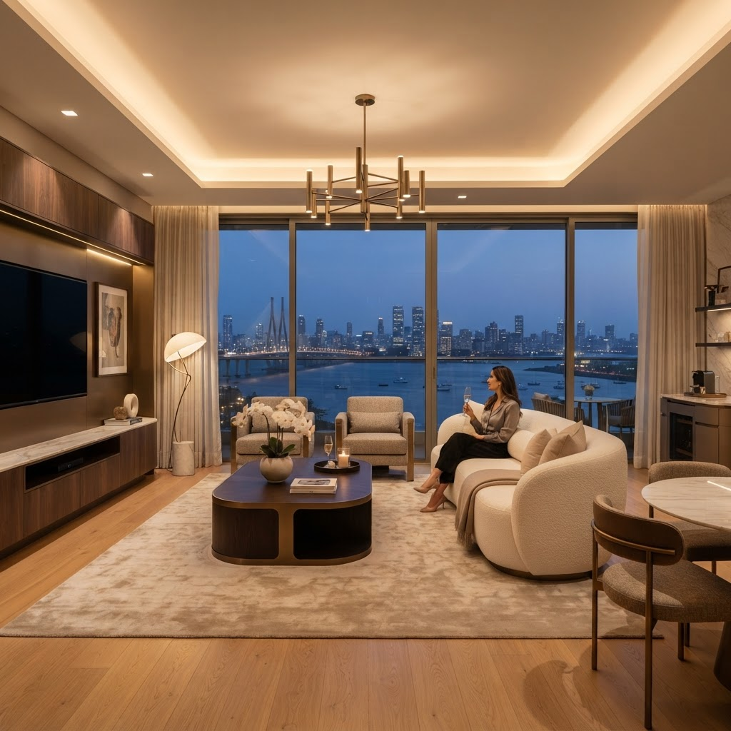 Luxury apartment living room with floor-to-ceiling city views